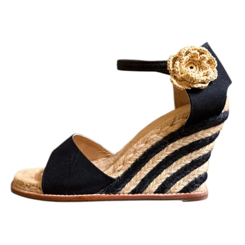 Vintage Kate Spade Grenada Black Canvas Espadrille  Tan Black Wedge Ankle Strap